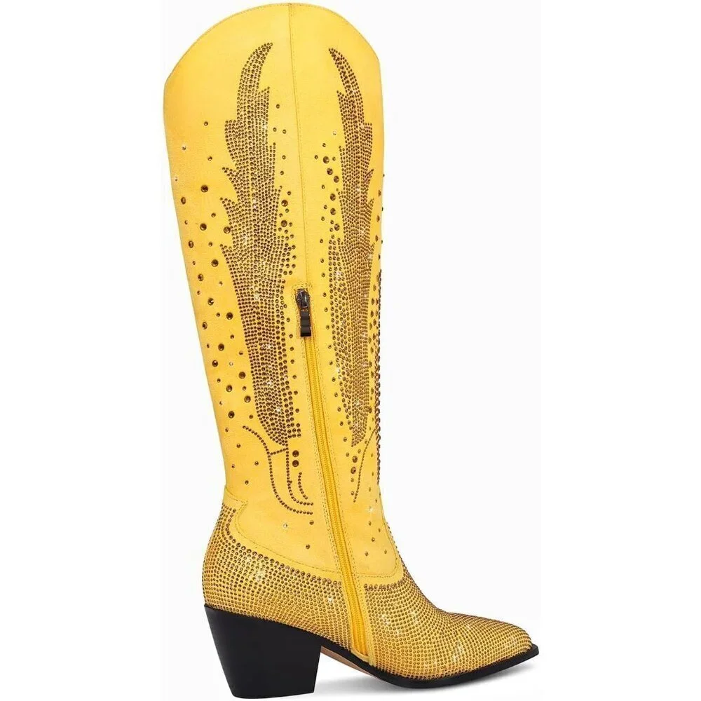 Women Polyurethane Yellow Knee High Pointed Toe Chunky Heel Rhinestone Boot
